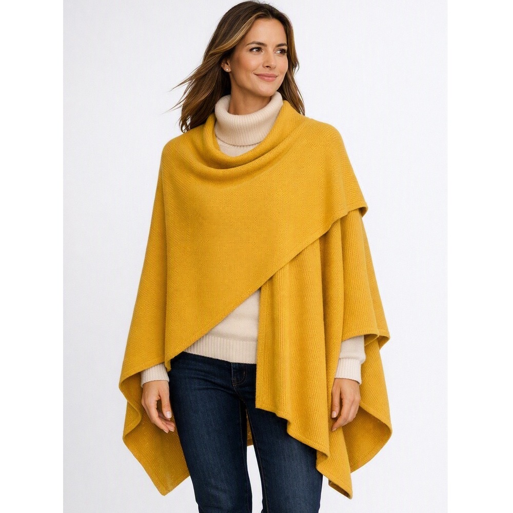 New Peruvian Soul Alpaca Mustard Knit Ruana Shawl Wrap Cape With Horn Toggle Pin